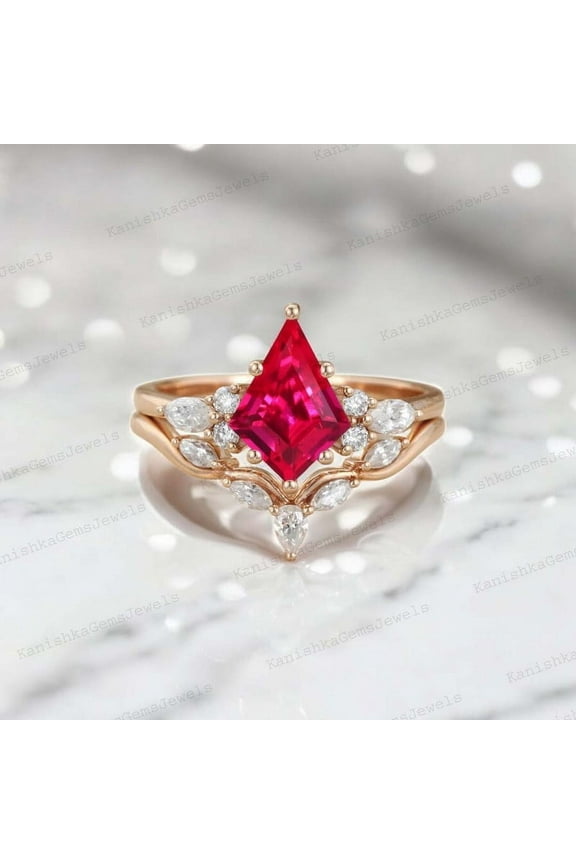 2.5Ct 9x7mm /Kite Cut Ruby Bridal Wedding Ring Set CZ Diamond Proposal Ring Alternative Fine Women Jewelry Gift For Her