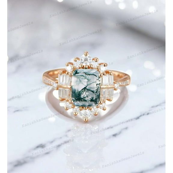 KANISHKAGEMS&JEWELS 2 Ct 10x8mm / Emerald Cut Moss Agate Engagement Ring CZ Diamond Halo Proposal Ring Alternative Fine Women Jewelry New Year Gift For Wife