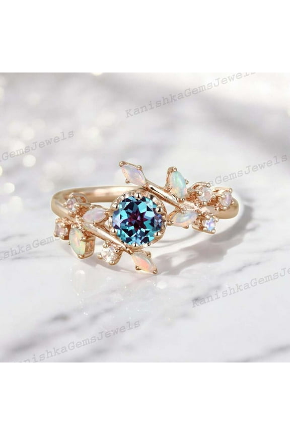 2 Ct 6mm / Round Shape Alexandrite Promise Ring Opal Leaf Twig Women Jewelry June Birthstone Ring Engagement Gift For Her