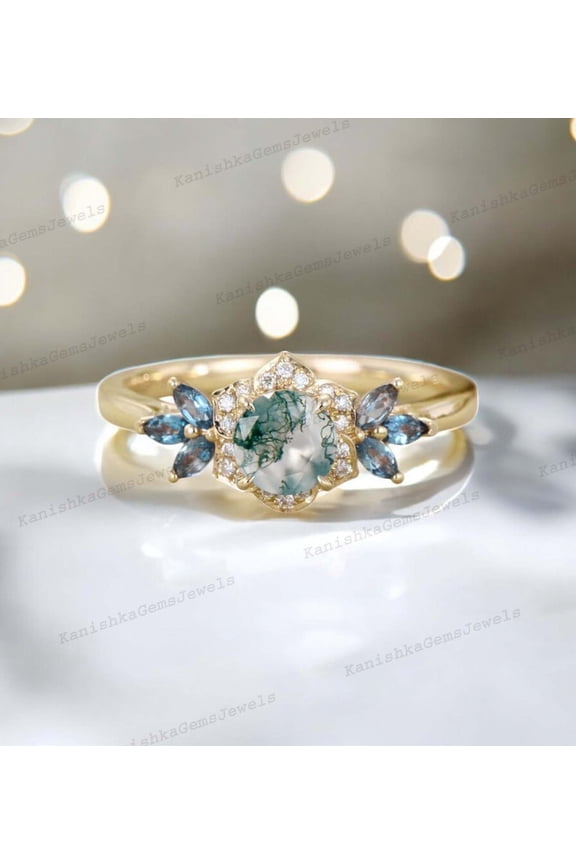 2 Ct 6mm /Round Shape Moss Agate Ring Alexandrite Bridal Wedding Cluster Ring CZ Diamond Halo Gift Ring