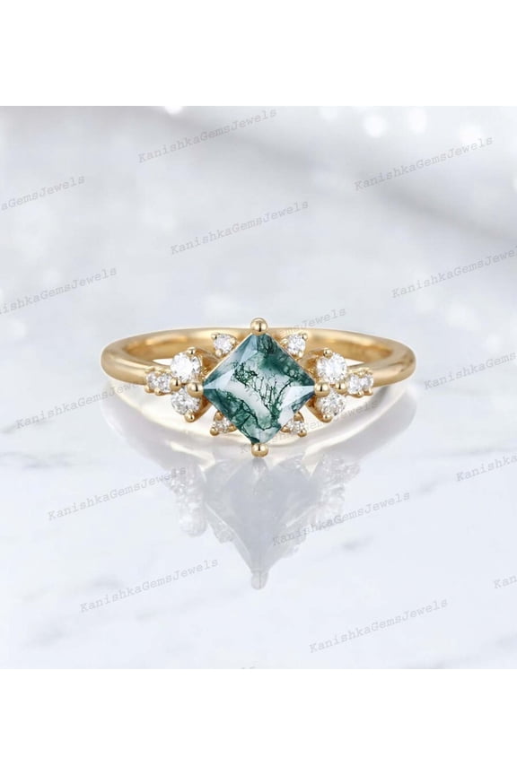 2 Ct 7 mm / Vintage Moss Agate Promise Ring Alternative Fine Women Jewelry Natural Gemstone Proposal Ring CZ Diamond Birthday Gift Ring