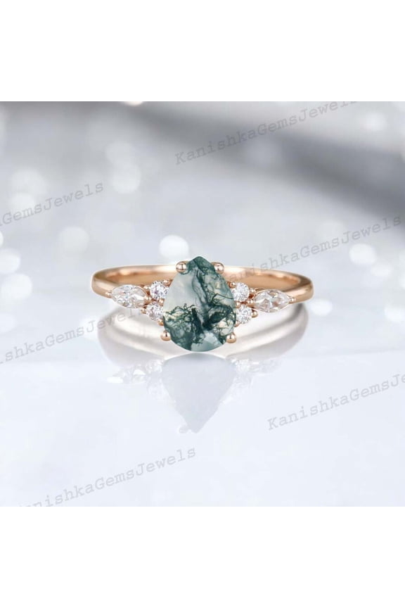2 Ct 7x5mm / Pear Moss Agate Promise Ring CZ Diamond Proposal Ring Engagement Women Jewelry Holiday Gift For Her