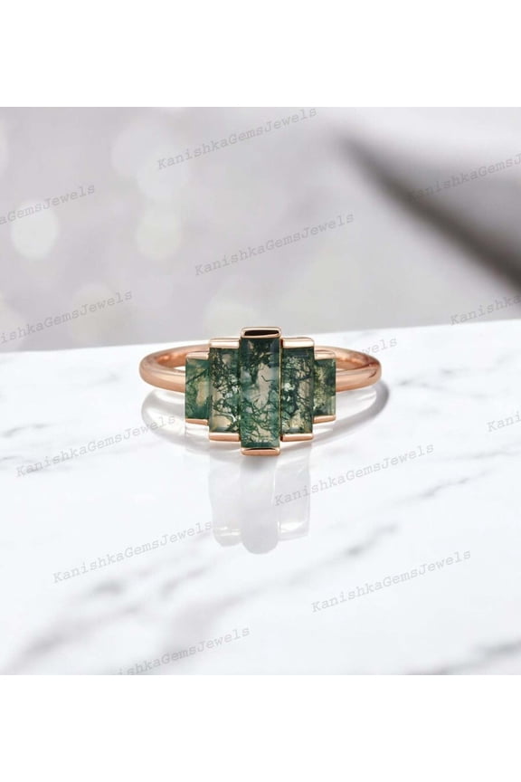 2 Ct 8x6 mm / Baguette Cut Moss Agate Ring Cluster Women Jewelry New Year Gift for Wife
