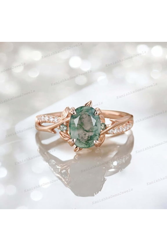 2 Ct 8x6 mm / Oval Cut Moss Agate Bridal Wedding Ring CZ Diamond Twisted Proposal Ring Alternative Fine Jewelry Gift For Her