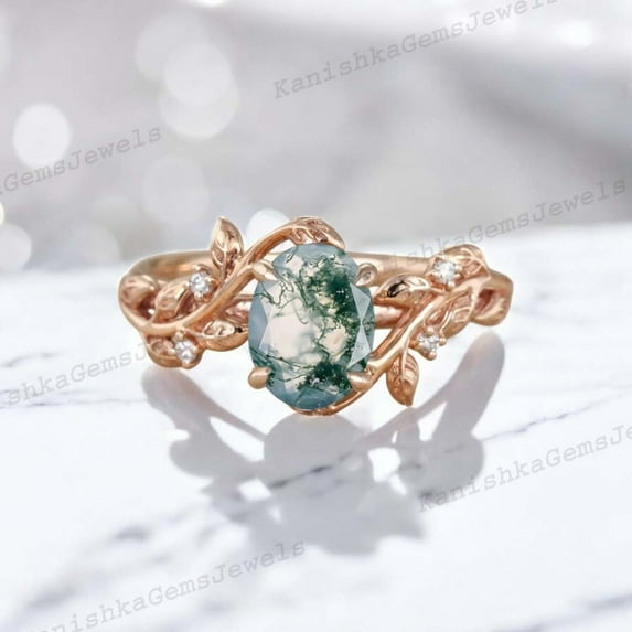 KANISHKAGEMS&JEWELS 2 Ct 8x6 mm / Oval Cut Moss Agate Ring Bridal Wedding Ring For Wife Nature Inspired Women Jewelry Birthday Gift For Her