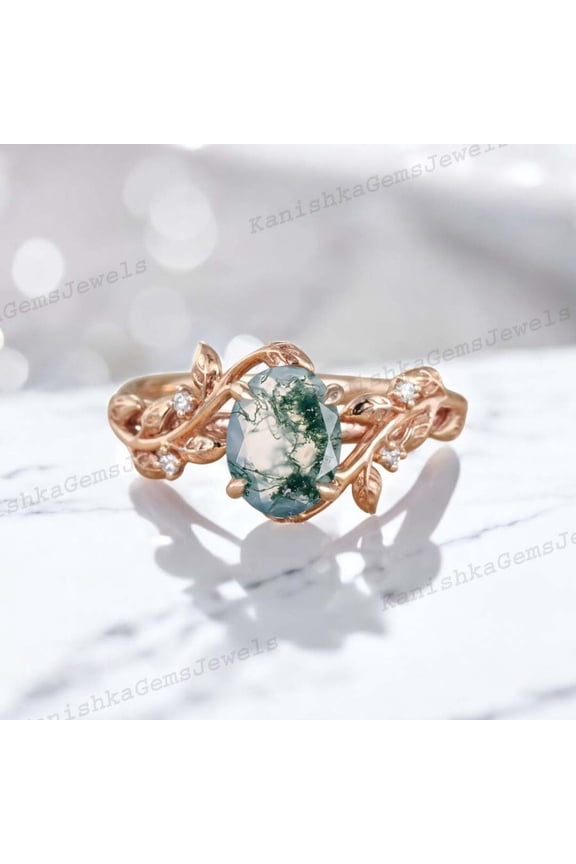 2 Ct 8x6 mm / Oval Cut Moss Agate Ring Bridal Wedding Ring For Wife Nature Inspired Women Jewelry Birthday Gift For Her