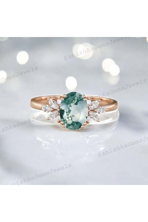 2 Ct 8x6mm / Natural Moss Agate Engagement Ring CZ Diamond Proposal Ring Green Gemstone Promise Ring Bridal Wedding Gift Ring