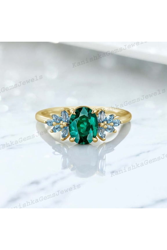 2 Ct 8x6mm / Oval Cut Emerald Engagement Ring Aquamarine Cluster Proposal Ring May Birthstone Gift Ring
