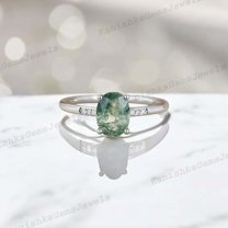 KANISHKAGEMS&JEWELS 2 Ct 8x6mm / Oval Cut Moss Agate Promise Ring CZ Diamond Bridal Wedding Jewelry Nature Inspired Promise Ring Proposal Gift For Lover