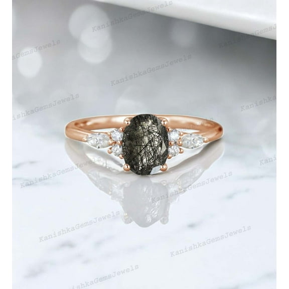 KANISHKAGEMS&JEWELS 2 Ct 8x6mm /Oval Cut Rutile Quartz Engagement Ring CZ Diamond Birthday Gft Ring Rose Gold Plated Women Jewelry