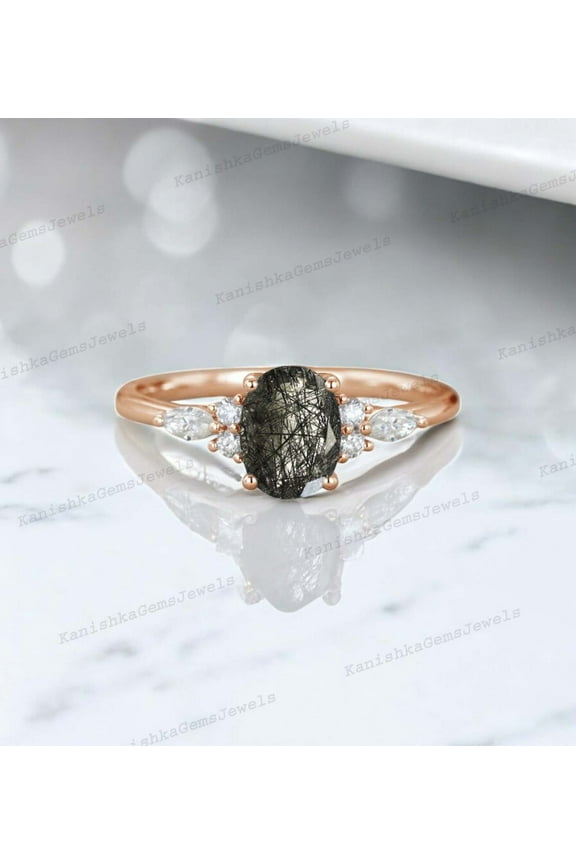 2 Ct 8x6mm /Oval Cut Rutile Quartz Engagement Ring CZ Diamond Birthday Gft Ring Rose Gold Plated Women Jewelry