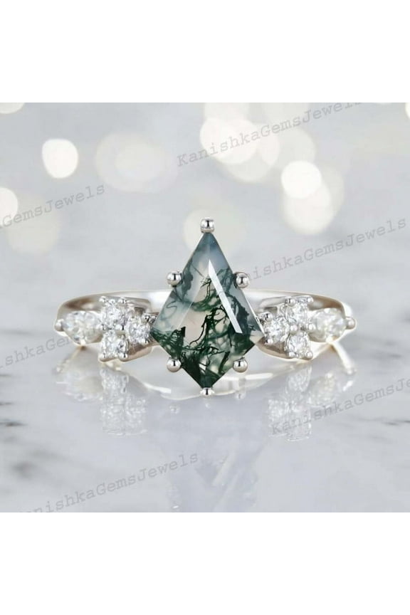 2 Ct 9x7 mm / Kite Cut Moss Agate Proposal Ring CZ Diamond Wedding Jewelry Natural Gemstone Gift Ring