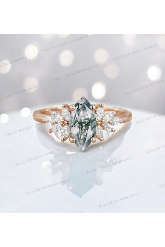 2 Ct 9x7 mm / Marquise Cut Moss Agate Ring CZ Diamond Cluster Proposal Ring Valentine's day Gift For Lover