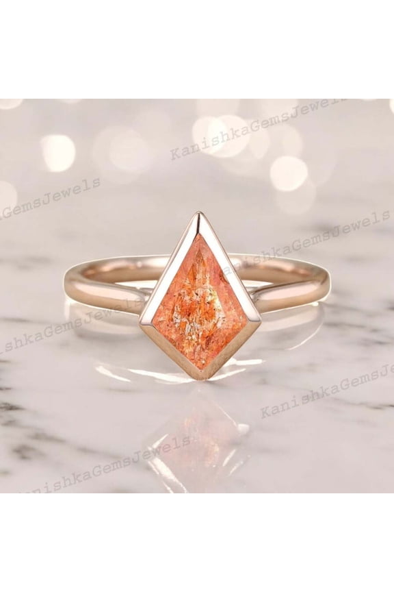 2 Ct 9x7mm / Kite Cut Sunstone Engagement Ring Rose Gold Bezel Set Proposal Ring Natural Gemstone Ring Birthday Gift For Wife