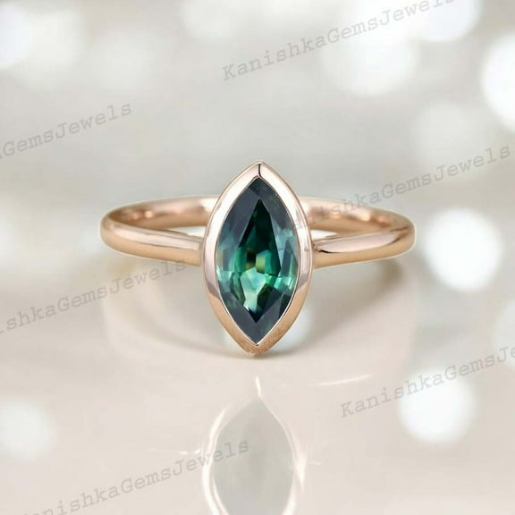 KANISHKAGEMS&JEWELS 2 Ct 9x7mm / Marquise Cut Emerald Promise Ring Rose Gold Bezel Set Ring Solitaire Statement Women Jewelry Anniversary Gift Ring