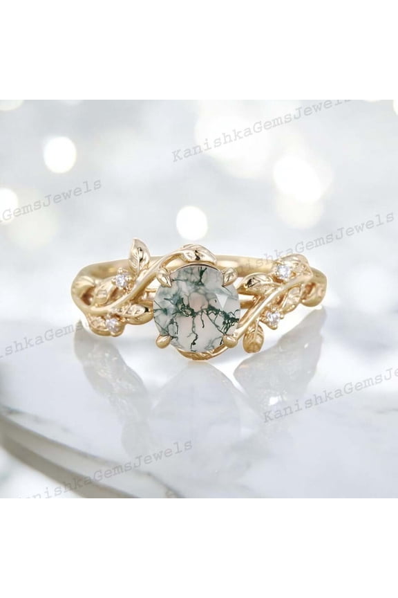 2Ct 6mm / Moss Agate Engagement Ring CZ Diamond Twig Leaf Ring Nature Inspired Women Jewelry Personalized Gift for Her