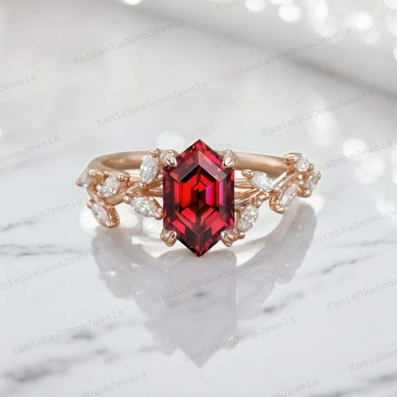 KANISHKAGEMS&JEWELS 2Ct 7mm / Hexagon Garnet Engagement Ring CZ Diamond Twig Leaf Ring Nature Inspired Women Jewelry Birthday Gift For Wife
