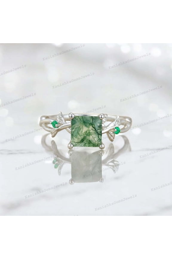 2Ct 7mm / Princess Cut Moss Agate Engagement Ring Emerald Twig Leaf Ring Nature Inspired Women Jewelry Anniversary Gift for Her