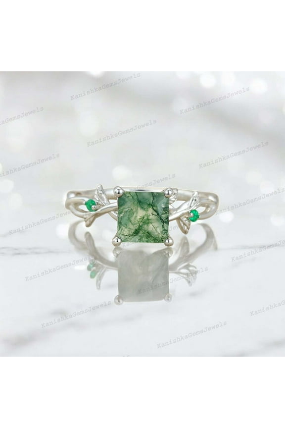 2Ct 7mm / Princess Cut Moss Agate Engagement Ring Emerald Twig Leaf Ring Nature Inspired Women Jewelry Anniversary Gift for Her