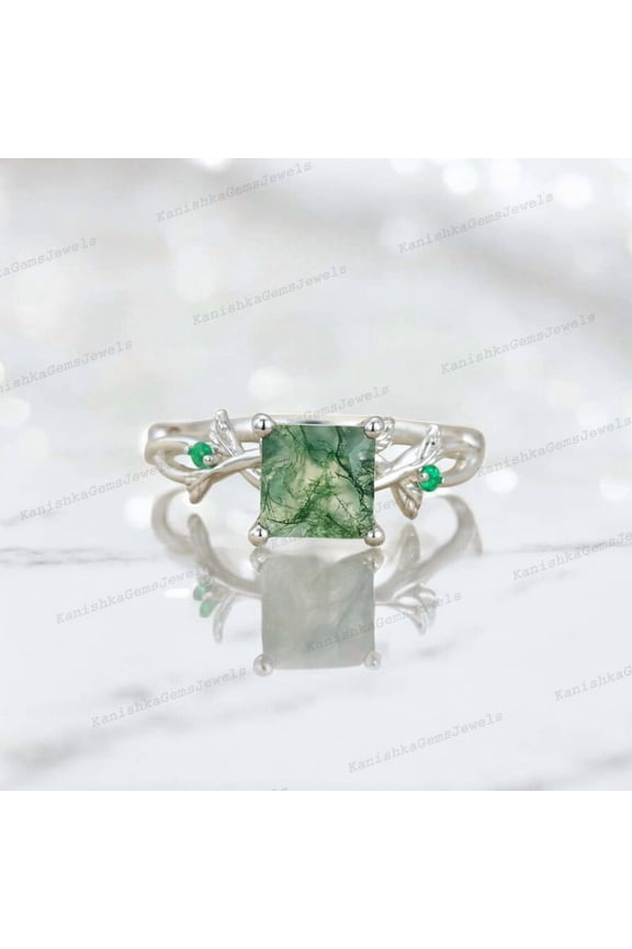 2Ct 7mm / Princess Cut Moss Agate Engagement Ring Emerald Twig Leaf Ring Nature Inspired Women Jewelry Anniversary Gift for Her