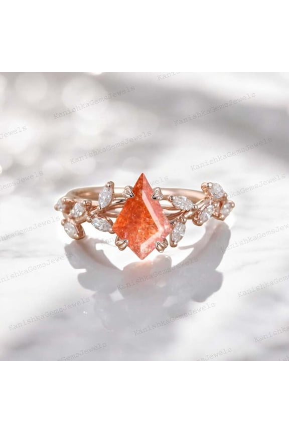 2Ct 7x5mm / Kite Cut Sunstone Engagement Ring CZ Diamond Twig Ring Orange Gemstone Proposal Ring Personalized Gift For Daughter