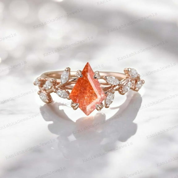 KANISHKAGEMS&JEWELS 2Ct 7x5mm / Kite Cut Sunstone Engagement Ring CZ Diamond Twig Ring Orange Gemstone Proposal Ring Personalized Gift For Daughter