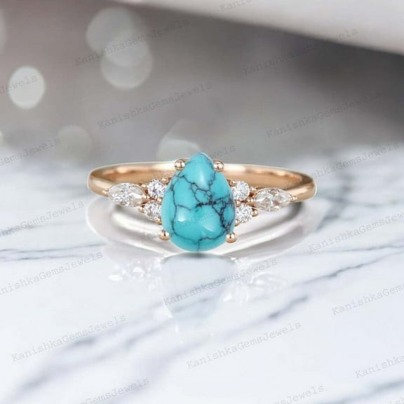 KANISHKAGEMS&JEWELS 2Ct 7x5mm / Pear Cut Turquoise Engagement Ring CZ Diamond Cluster Ring Bridal Wedding Jewelry December Birthstone Gift Ring