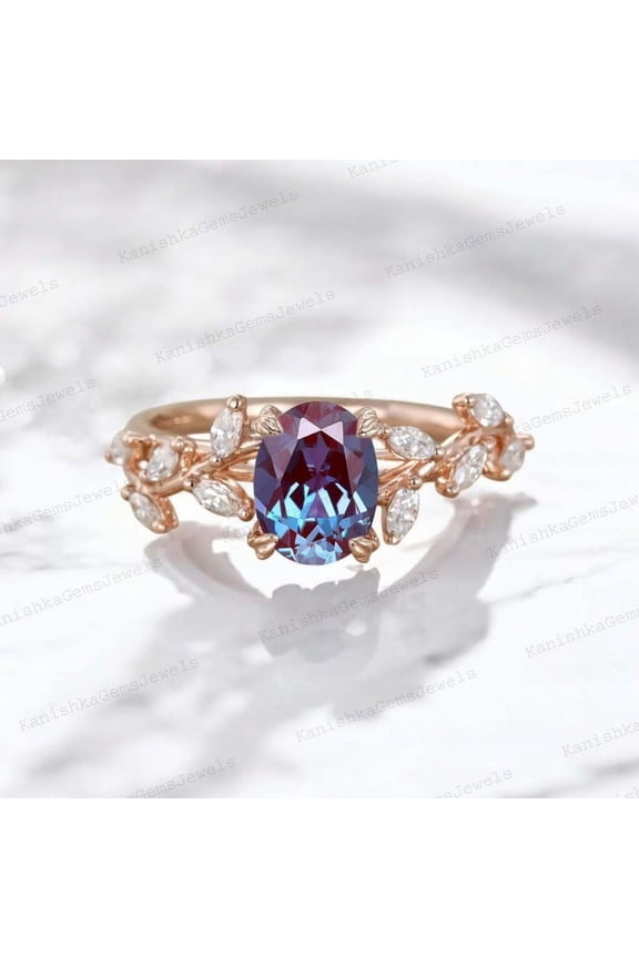 2Ct 8x6mm / Alexandrite Engagement Ring CZ Diamond Leaf Twig Ring Bridal Wedding Women Jewelry Valentine's Day Gift For Lover