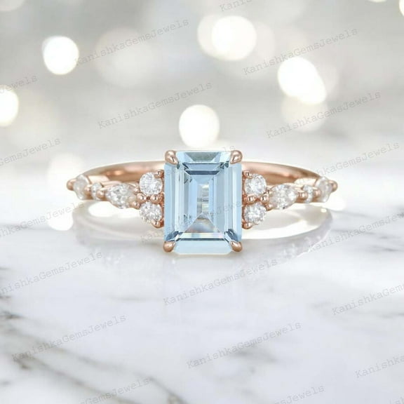 KANISHKAGEMS&JEWELS 2Ct 8x6mm / Emerald Cut Aquamarine Ring Engagement Ring For Women CZ Diamond Personalized Jewelry Birthday Gift For Her