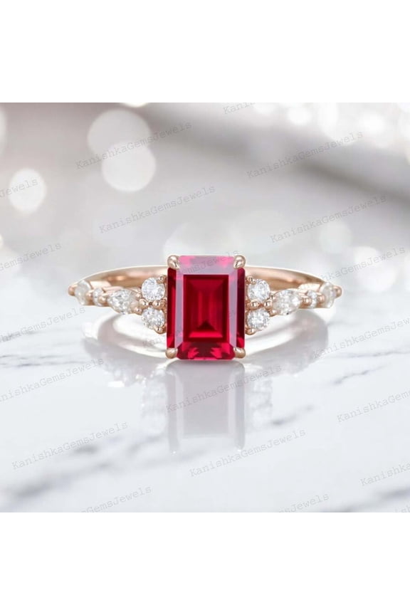 2Ct 8x6mm / Emerald Cut Ruby Ring Engagement Ring For Women CZ Diamond Personalized Jewelry Birthday Gift For Her July Birthstone Ring