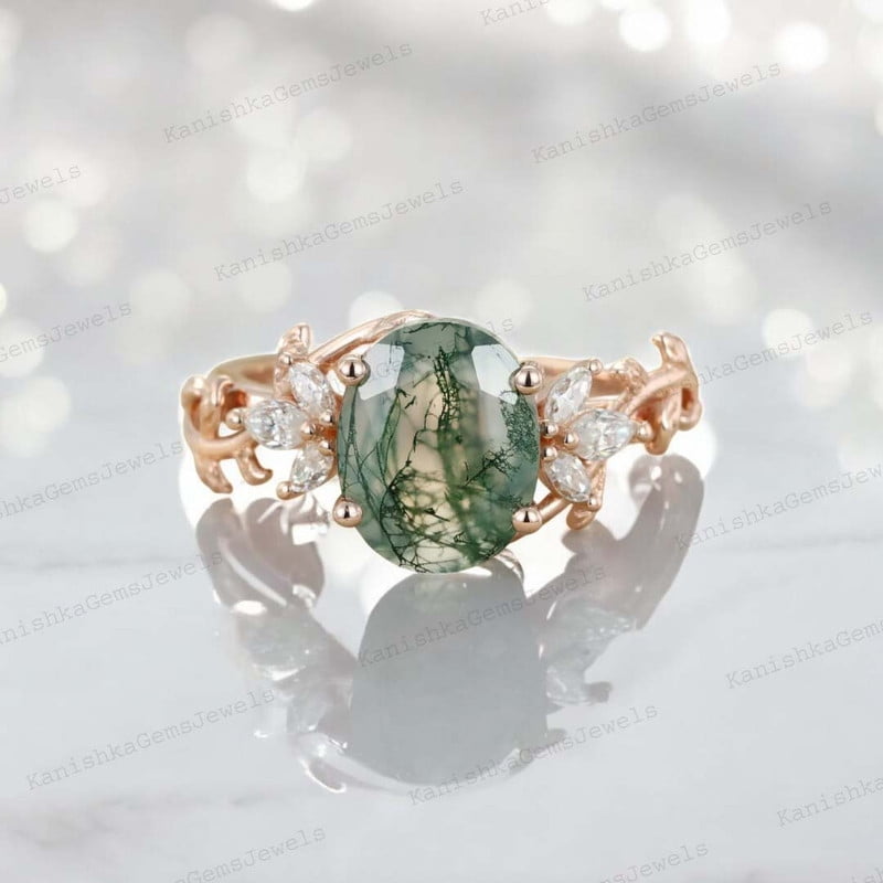KANISHKAGEMS&JEWELS 2Ct 8x6mm / Natural Moss Agate Engagement Ring CZ Diamond Twig Ring Nature Inspired Women Jewelry Proposal Gift Ring for Lover