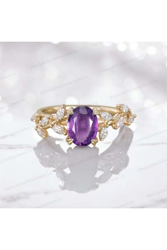 2Ct 8x6mm /Oval Amethyst Engagement Ring CZ Diamond Leaf Twig Ring Nature Inspired Women Jewelry Birthday Gift For Wife