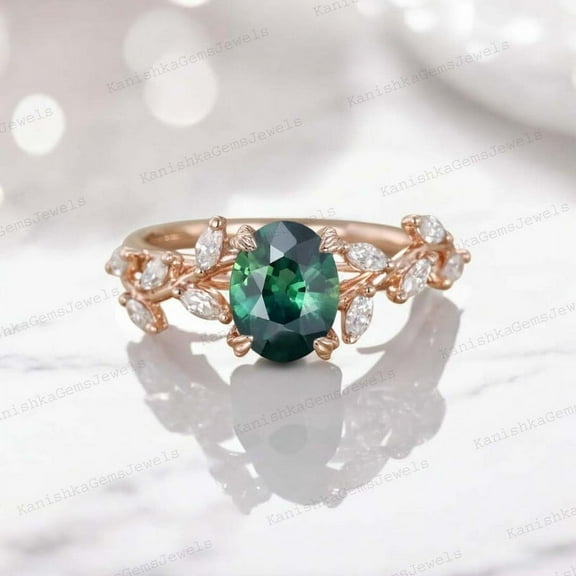 KANISHKAGEMS&JEWELS 2Ct 8x6mm / Oval Cut Green Sapphire Engagement Ring Marquise CZ Diamond Twig Leaf Ring September Birthstone Gift Ring