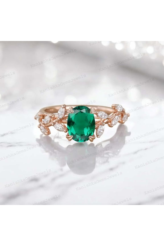 2Ct 8x6mm /Oval Emerald Engagement Ring CZ Diamond Leaf Twig Ring Nature Inspired Women Jewelry Anniversary Gift For Wife