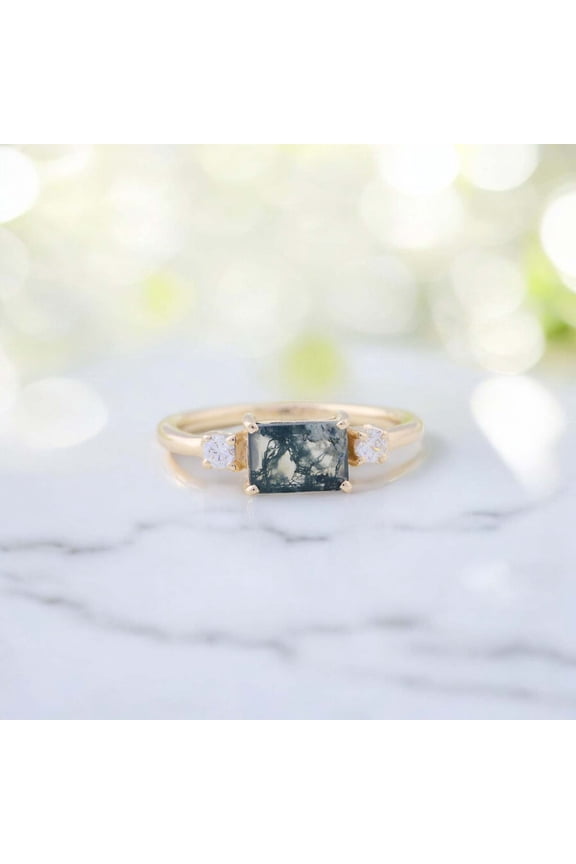 3 Ct/ 8x6 mm Emerald Cut Moss Agate Ring Diamond Stacking Ring Dainty Promise Engagement Ring Anniversary Gift For Her