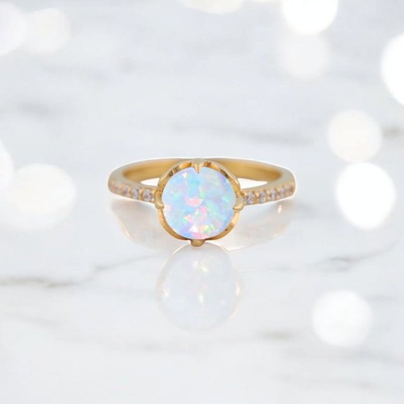 KANISHKAGEMS&JEWELS 5 mm / 1.5 Ct Round Fire Opal Floral Engagement Ring Yellow Gold Plated Diamond Stacking Ring Art Deco Wedding Ring Personalized Jewelry Anniversary Gift For Her