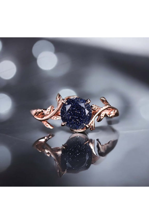 KANISHKAGEMS&JEWELS 5MM / 2Ct Night Galaxy Sandstone Engagement Ring Nature Inspired Women Jewelry Blue Gemstone Promise Ring Holiday Gift For Lover