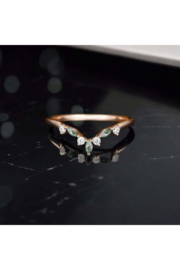5x3MM / 2Ct Marquise Cut Moss Agate Band Natural Gemstone Proposal Band Curved Stacking Bridal Wedding Jewelry Anniversary Gift For Wife