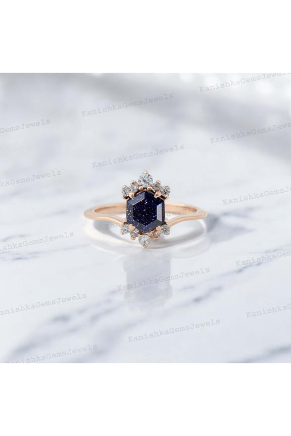 6 mm / 1 Ct Night Galaxy Sandstone Engagement Ring Yellow Gold Plated Silver Diamond Ring For Women Hexagon Cut Blue Gemstone Ring Anniversary Gift For Her