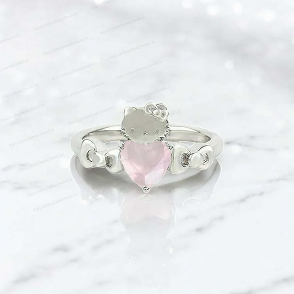 KANISHKAGEMS&JEWELS 6MM / 2Ct Heart Cut Rose Quartz Engagement Ring Solitaire Statement Women Jewelry Cat Lover Gift Ring Hello Kitty Ring