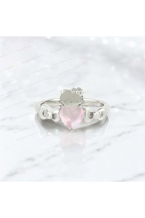 6MM / 2Ct Heart Cut Rose Quartz Engagement Ring Solitaire Statement Women Jewelry Cat Lover Gift Ring Hello Kitty Ring