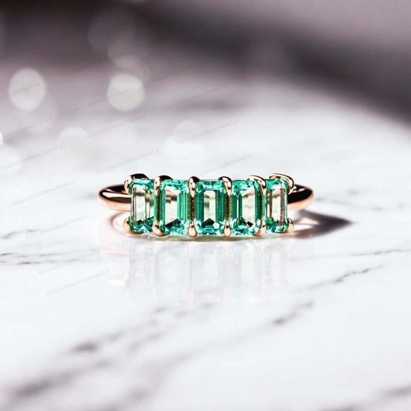 KANISHKAGEMS&JEWELS 6x4MM / 2Ct Baguette Cut Emerald Engagement Ring May Birthstone Proposal Ring 5 Stone Gemstone Bridal Wedding Jewelry Birthday Gift For Daughter