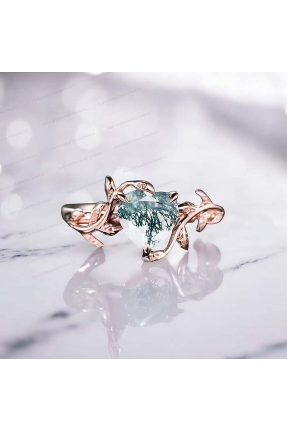 7MM / 2Ct Natural Moss Agate Engagement Ring Heart Cut Solitaire Statement Simple Jewelry Leaf Twig Nature Inspired Gift Ring