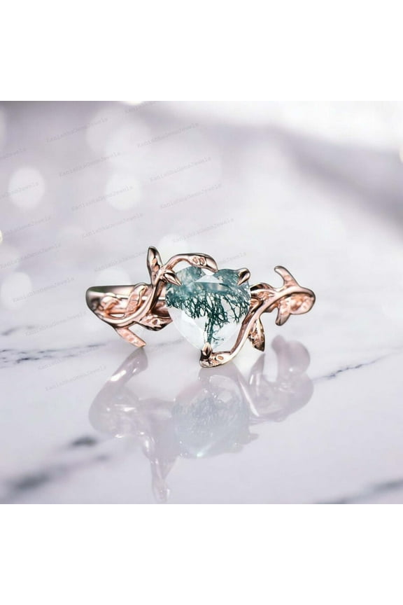 7MM / 2Ct Natural Moss Agate Engagement Ring Heart Cut Solitaire Statement Simple Jewelry Leaf Twig Nature Inspired Gift Ring
