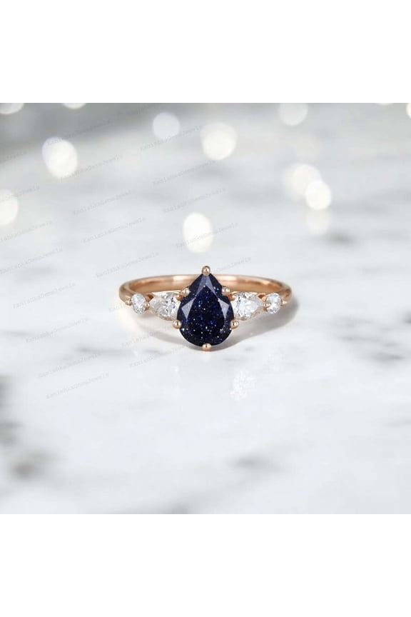 7x5MM / 1.5Ct Night Galaxy Sandstone Engagement Ring Nebula Blue Gemstone Jewelry CZ Diamond Cluster Wedding Ring Personalized Gift Ring