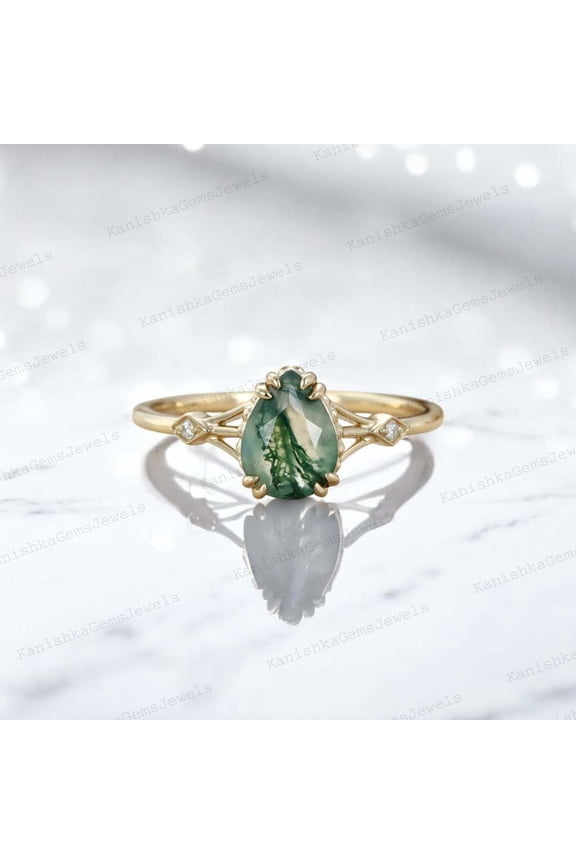 7x5MM / 2Ct Natural Moss Agate Ring CZ Diamond Promise Ring Alternative Fine Jewelry Nature Inspired Gift Ring
