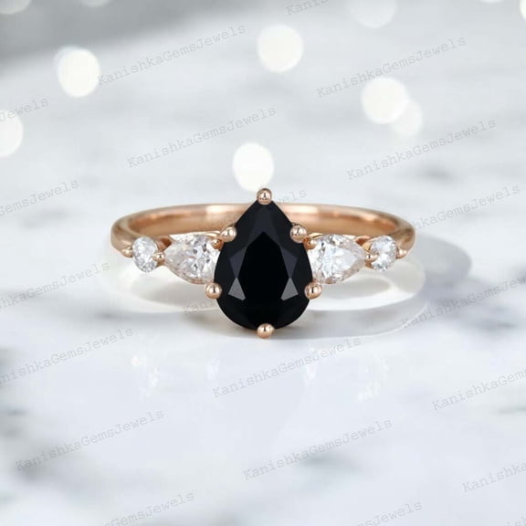 KANISHKAGEMS&JEWELS 7x5MM / 2Ct Pear Cut Onyx Promise Ring CZ Diamond Engagement Ring Natural Gemstone Bridal Wedding Gift Ring