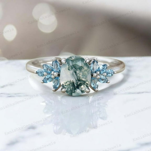 KANISHKAGEMS&JEWELS 8x6MM / 1.5Ct Natural Moss Agate Engagement Ring Aquamarine Bridal Wedding Ring Cluster Fine Women Jewelry Personalized Gift For Her