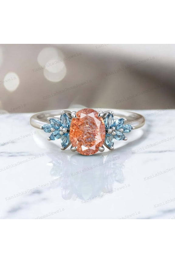 8x6MM / 1.5Ct Natural Sunstone Engagement Ring Aquamarine Cluster Bridal Wedding Jewelry Orange Gemstone Gold Ring Anniversary Gift For Wife