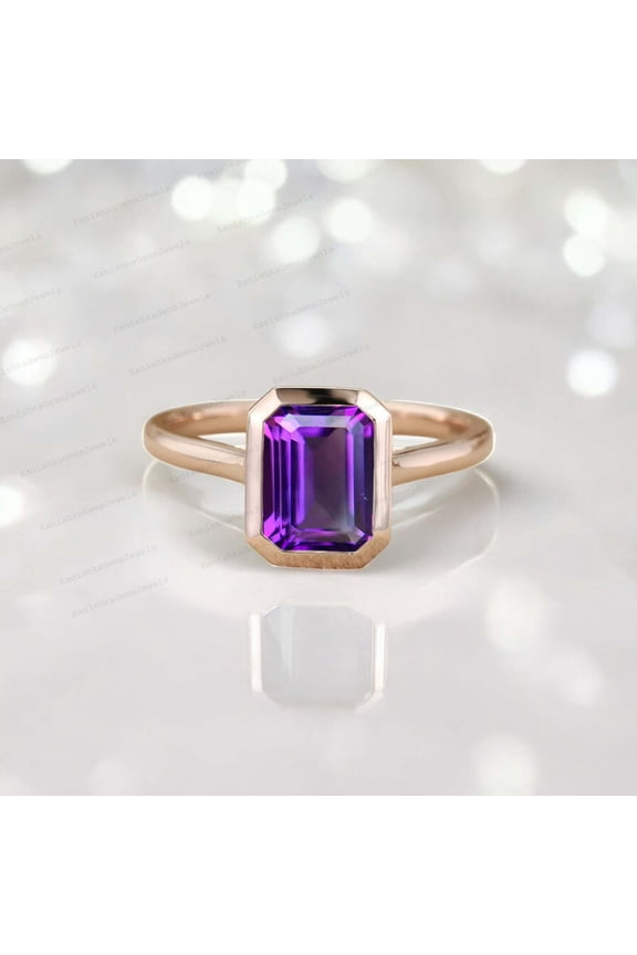 8x6MM / 1Ct Emerald Cut Amethyst Engagement Ring Solitaire Statement Bezel Set Ring February Birthstone Jewelry Anniversary Gift For Wife